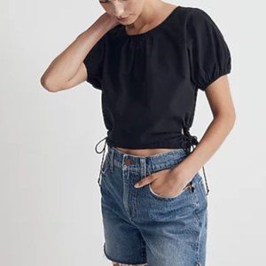 Madewell Embroidered Poplin Puff-Sleeve Cutout Crop Top